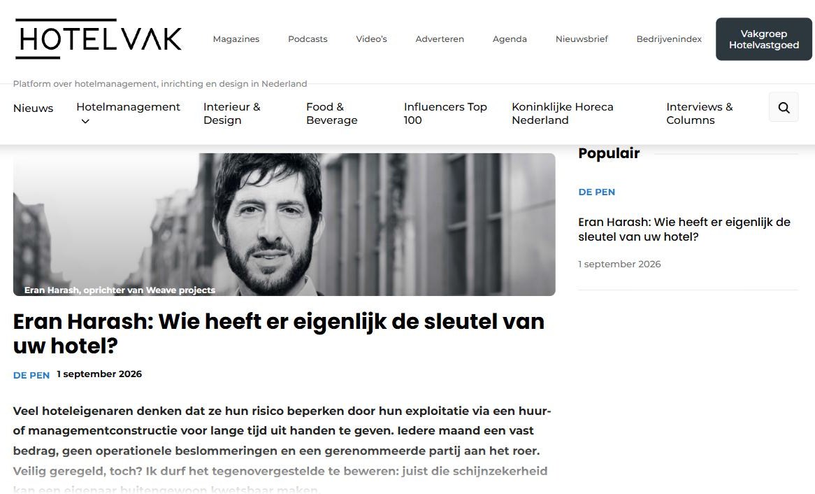 De column van Eran Harash in de rubriek De Pen op hotelvak.eu: kop, portret, titel en de eerste regels.