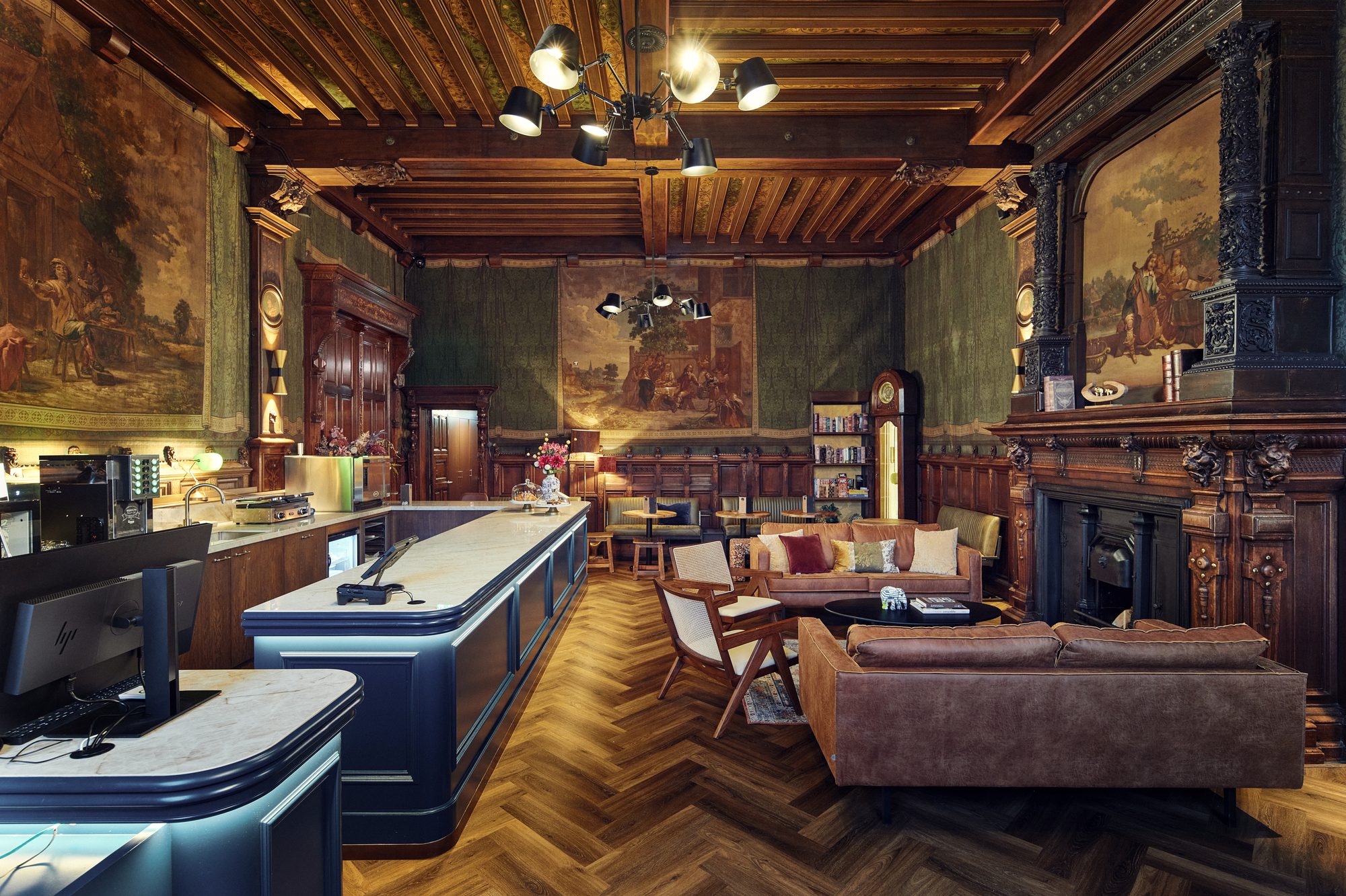 Heritage lounge, bar and reception at The Elephant Hostel Amsterdam — boutique hostel delivered by Weave Projects.